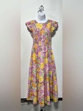 August Sky Women's Flutter Sleeves Tiered Floral Midi Dress Size Medium New